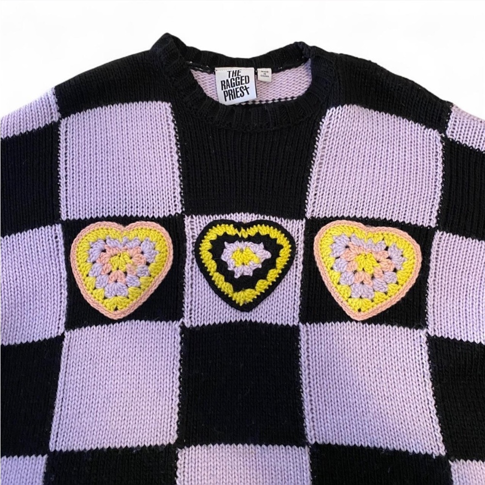 Ragged Priest Buddy Hearts Purple and Black Crewneck Knit Sweater - Picture 3 of 8